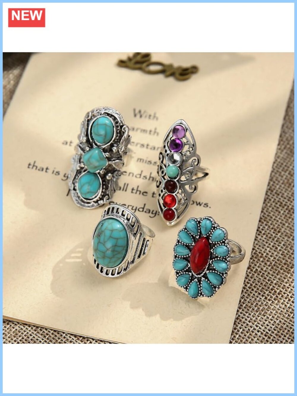 Boho Turquoise Knuckle Rings Set Chunky Stackable Western Stacking Rings - Picture 5 of 5